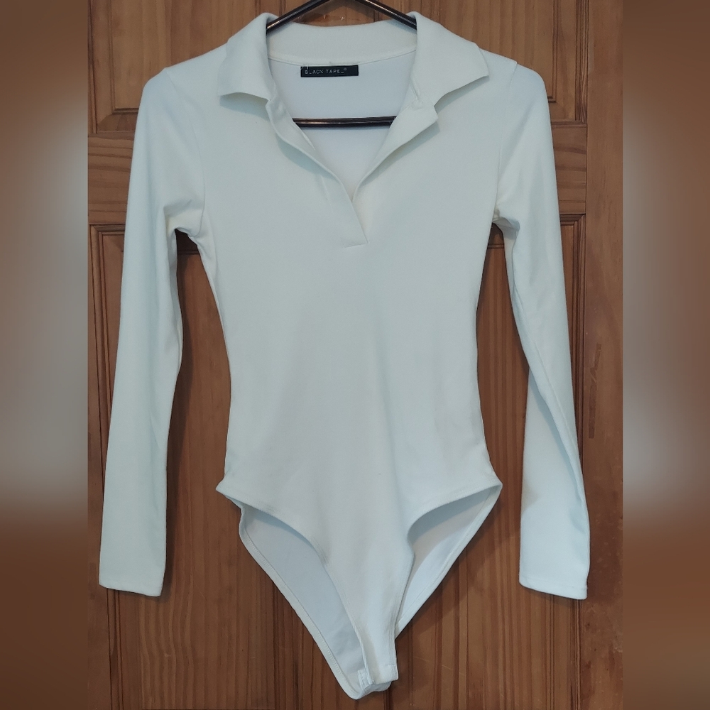 Black Tape Body Suit Neutral Cream Long Sleeve Body Suit Women's OS NWT Feminie